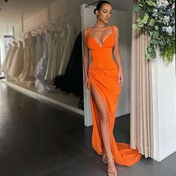 Meicuhap Women's Mermaid High Slit V-Neck Prom Dresses Long Satin Sweetheart Party Gowns with Train ...