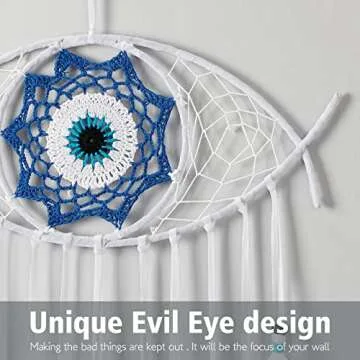 Dremisland Evil Eye Dream Catcher with Fairy Lights-Handmade Feather Dream Catchers Evil Eye Wall Hanging Ornament Home Decor for Bedroom Livingroom Yard, Blessing Craft Gift (Pure White)