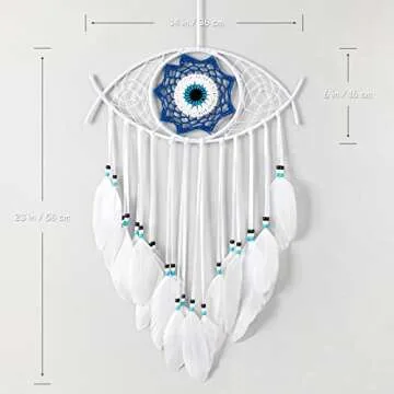 Dremisland Evil Eye Dream Catcher with Fairy Lights-Handmade Feather Dream Catchers Evil Eye Wall Hanging Ornament Home Decor for Bedroom Livingroom Yard, Blessing Craft Gift (Pure White)