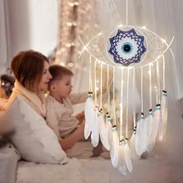 Dremisland Evil Eye Dream Catcher with Fairy Lights-Handmade Feather Dream Catchers Evil Eye Wall Hanging Ornament Home Decor for Bedroom Livingroom Yard, Blessing Craft Gift (Pure White)