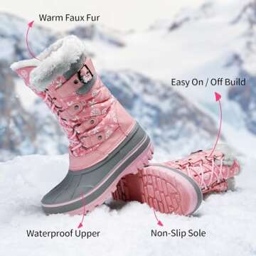 DREAM PAIRS Boys Girls Snow Boots Water-Resistant Outdoor Warm Cozy Anti-Slip Mid Calf Faux Fur Lining Insulated Winter Shoes for Little/Big Kids,Size 1 Little Kid,Pink,KRIVER-1