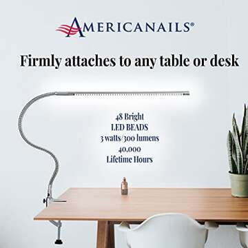 Americanails Original FlexiLamp - LED Table Desk Lamp - Removable Clamp - Adjustable Lighting for Nail Stations - Manicure Table Light - Flexible Arm - 48 LED Beads - 300 Lumens