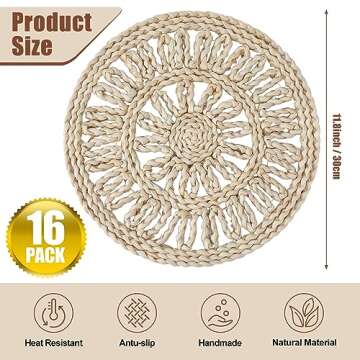 Zhehao 16 Packs Round Woven Placemats Rattan Chargers 11.8 Inches Wicker Boho Placemats Natural Braided Table Mats Corn Husk Place Mats Hollow Wicker Charger Plates for Holiday Kitchen Tablemat, Beige