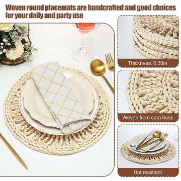 Zhehao 16 Packs Round Woven Placemats Rattan Chargers 11.8 Inches Wicker Boho Placemats Natural Braided Table Mats Corn Husk Place Mats Hollow Wicker Charger Plates for Holiday Kitchen Tablemat, Beige