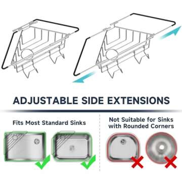 NiHome Extendable Arm Stainless Steel Kitchen Sink Corner Caddy, Easy Install Space-Saving Adjustabl...