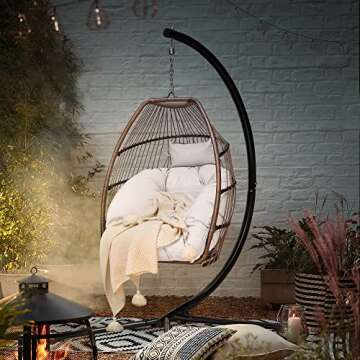 Devoko Egg Chair Indoor Outdoor Hanging Swing Chair with Stand Patio Hammock Wicker Rattan Chair Soft Cushion for Bedroom Garden Backyard (White)