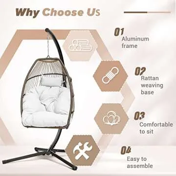 Devoko Egg Chair Indoor Outdoor Hanging Swing Chair with Stand Patio Hammock Wicker Rattan Chair Soft Cushion for Bedroom Garden Backyard (White)