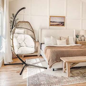 Devoko Egg Chair Indoor Outdoor Hanging Swing Chair with Stand Patio Hammock Wicker Rattan Chair Soft Cushion for Bedroom Garden Backyard (White)