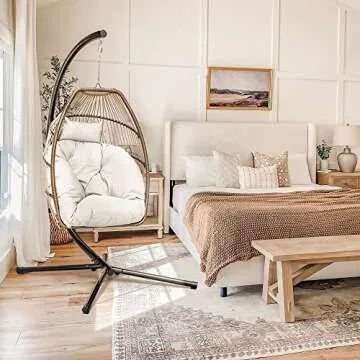 Devoko Egg Chair Indoor Outdoor Hanging Swing Chair with Stand Patio Hammock Wicker Rattan Chair Soft Cushion for Bedroom Garden Backyard (White)