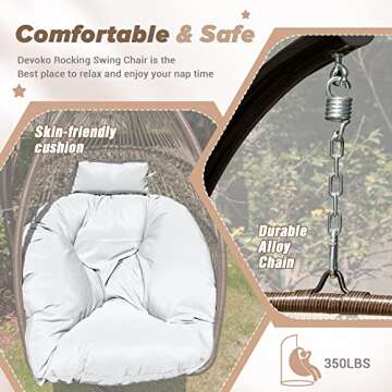 Devoko Egg Chair Indoor Outdoor Hanging Swing Chair with Stand Patio Hammock Wicker Rattan Chair Soft Cushion for Bedroom Garden Backyard (White)