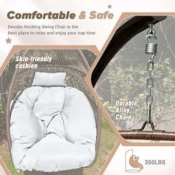 Devoko Egg Chair Indoor Outdoor Hanging Swing Chair with Stand Patio Hammock Wicker Rattan Chair Soft Cushion for Bedroom Garden Backyard (White)