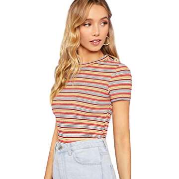 Milumia Women's Casual Multi Striped Ribbed Short Sleeve Solid Tee Knit Top (Red,Yellow, Large, Short Sleeve)