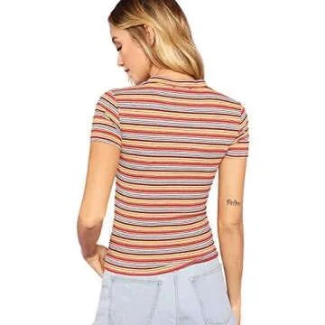 Milumia Women's Casual Multi Striped Ribbed Short Sleeve Solid Tee Knit Top (Red,Yellow, Large, Short Sleeve)