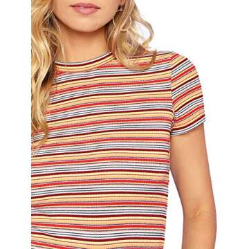 Milumia Women's Casual Multi Striped Ribbed Short Sleeve Solid Tee Knit Top (Red,Yellow, Large, Short Sleeve)