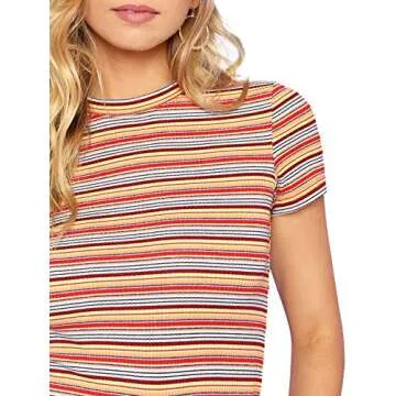 Milumia Women's Casual Multi Striped Ribbed Short Sleeve Solid Tee Knit Top (Red,Yellow, Large, Short Sleeve)