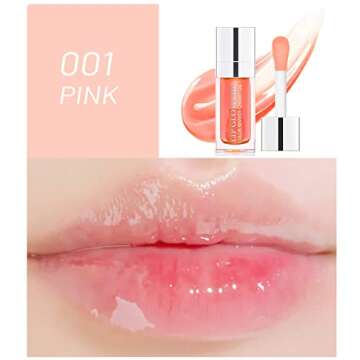 Plumping Lip Oil, Hydrating Lip Gloss Tinted Lip Balm Transparent Lip Care, Big Brush Head Glitter Shine, Long Lasting Nourishing Non-sticky Fresh Texture (001# Pink)