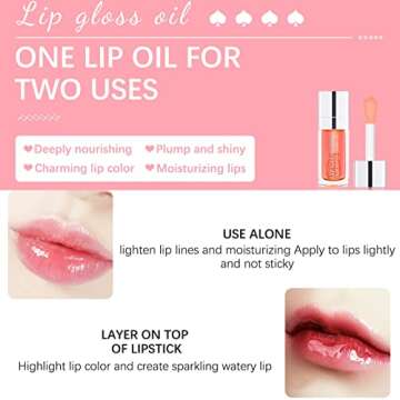 Plumping Lip Oil, Hydrating Lip Gloss Tinted Lip Balm Transparent Lip Care, Big Brush Head Glitter Shine, Long Lasting Nourishing Non-sticky Fresh Texture (001# Pink)