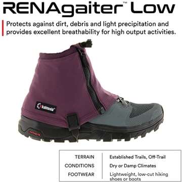 Kahtoola RENAgaiter Low Gaiters for Hiking, Snow & Ice Protection - Plum - Large|X-Large