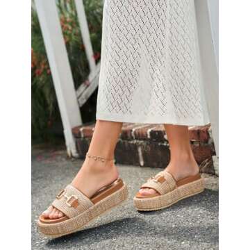 Coutgo Womens Platform Sandals Raffia Espadrilles Metal Chain Slip on Open Toe Cute Beach Slide Sandals, Khaki, Size 9