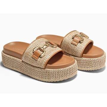 Coutgo Womens Platform Sandals Raffia Espadrilles Metal Chain Slip on Open Toe Cute Beach Slide Sandals, Khaki, Size 9