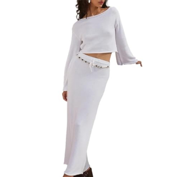 Stylish Sastianaen Women 2 Piece Skirt Outfits Y2K Long Sleeve Crop Tops & Maxi Skirt Set