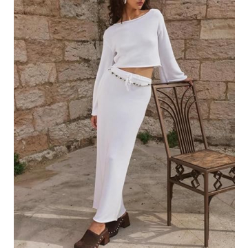 Sastianaen Women Y2K Long Sleeve Crop Top Maxi Skirt Set