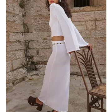 Sastianaen Women Y2K Long Sleeve Crop Top Maxi Skirt Set