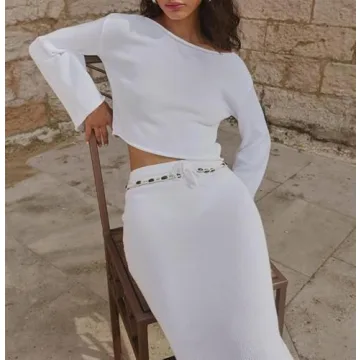Sastianaen Women Y2K Long Sleeve Crop Top Maxi Skirt Set