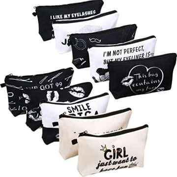 Boao 10 Pieces Letters Makeup Bags Bulk Cosmetic Pouch for Women Travel Zipper Organizer Toiletry Bag Printing Pencil Bag Christmas Supplies Gift(Black and White Style)