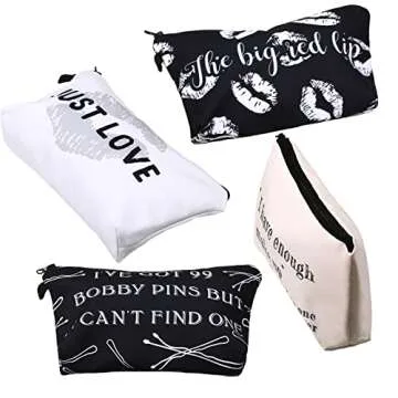 Boao 10 Pieces Letters Makeup Bags Bulk Cosmetic Pouch for Women Travel Zipper Organizer Toiletry Bag Printing Pencil Bag Christmas Supplies Gift(Black and White Style)