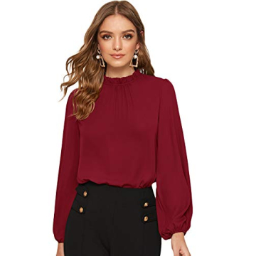 Floerns Women's Long Puff Sleeve Mock Neck Sheer Chiffon Blouse Tops