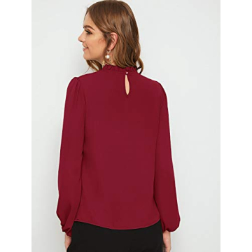 Floerns Women's Long Puff Sleeve Mock Neck Sheer Chiffon Blouse Tops