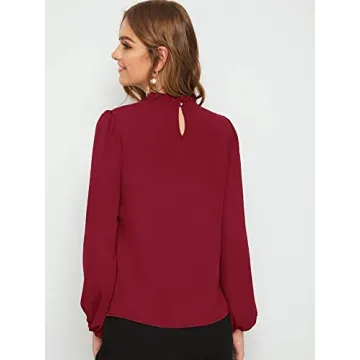 Floerns Women's Long Puff Sleeve Mock Neck Sheer Chiffon Blouse Tops