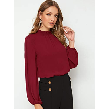 Floerns Women's Long Puff Sleeve Mock Neck Sheer Chiffon Blouse Tops