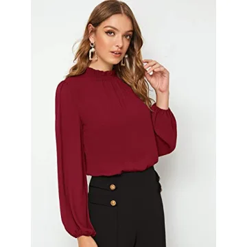 Floerns Women's Long Puff Sleeve Mock Neck Sheer Chiffon Blouse Tops