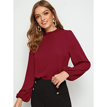 Floerns Women's Long Puff Sleeve Mock Neck Sheer Chiffon Blouse Tops