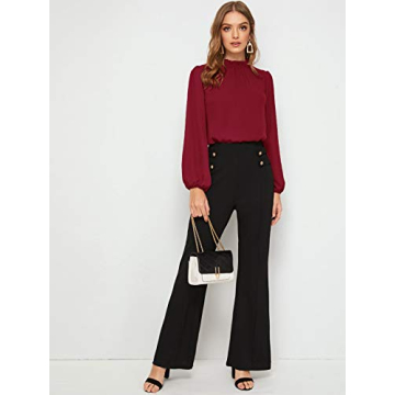 Floerns Women's Long Puff Sleeve Mock Neck Sheer Chiffon Blouse Tops