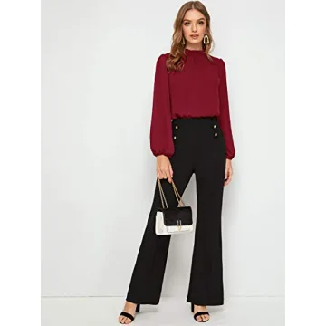 Floerns Women's Long Puff Sleeve Mock Neck Sheer Chiffon Blouse Tops