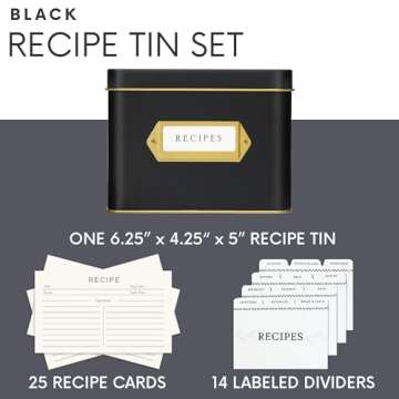 Jot & Mark Recipe Card Gift Box, 25 4x6 inch Cards, 14 Dividers, Decorative Tin Box