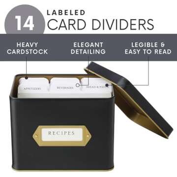 Jot & Mark Recipe Card Gift Box, 25 4x6 inch Cards, 14 Dividers, Decorative Tin Box
