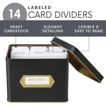 Jot & Mark Recipe Card Gift Box, 25 4x6 inch Cards, 14 Dividers, Decorative Tin Box