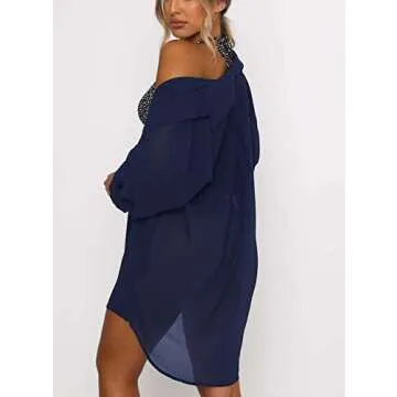 Chic Women's Swimsuit Beach Cover Up - Navy Blue V-Neck Design for Summer Wear