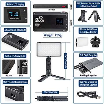 Weeylite RB9 RGB Camera Video Light, App Control 12W LED On Camera Light with Tripod, 2500-8500K 360° Full Color CRI 95+ RGB Video Light Panel for Portable Photography Lighting Video Recording TikTok