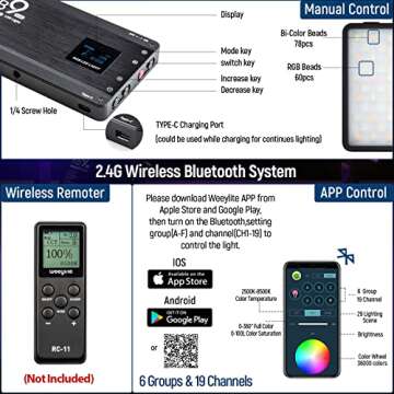 Weeylite RB9 RGB Camera Video Light, App Control 12W LED On Camera Light with Tripod, 2500-8500K 360° Full Color CRI 95+ RGB Video Light Panel for Portable Photography Lighting Video Recording TikTok