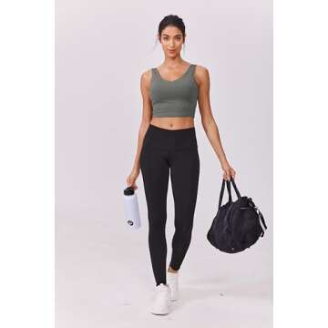 PINSPARK V Neck Sports Bra Longline Tank Tops with Built in Bras Padded Yoga Top Soft Workout Bras for Women with Light Support Small,Sage Grey