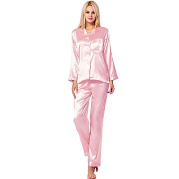 SWOMOG Long Sleeve Pajamas Set Silk Satin Sleepwear Button Down Pjs Loungewear with Pocket Light Pink X-Small