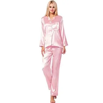 SWOMOG Long Sleeve Pajamas Set Silk Satin Sleepwear Button Down Pjs Loungewear with Pocket Light Pink X-Small