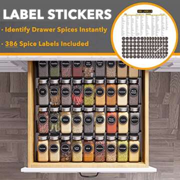 SpaceAid Spice Drawer Organizer with 36 Spice Jars, 386 Spice Labels, 4 Tier Seasoning Rack Tray Insert for Kitchen Drawers, 16.75" Wide x 17.5" Deep