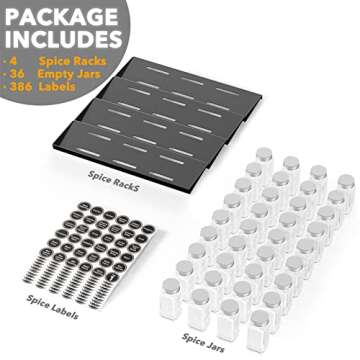 SpaceAid Spice Drawer Organizer with 36 Spice Jars, 386 Spice Labels, 4 Tier Seasoning Rack Tray Insert for Kitchen Drawers, 16.75" Wide x 17.5" Deep