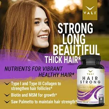 VALI Hair Strong Health & Growth Vitamins with Biotin, Keratin & Collagen - 60 Veggie Capsules. Extra Strength Supplement for Stronger, Thicker, Fuller, Healthier Hair, Skin & Nails. for Women & Men
